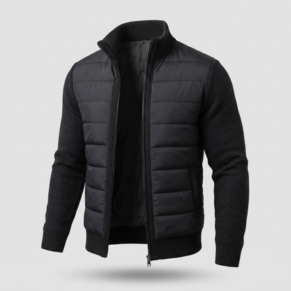 Schwarze Steppjacke mit gerippten Strickärmeln, offener Reißverschluss, schräge Seitenansicht mit sichtbarem Futter 6
