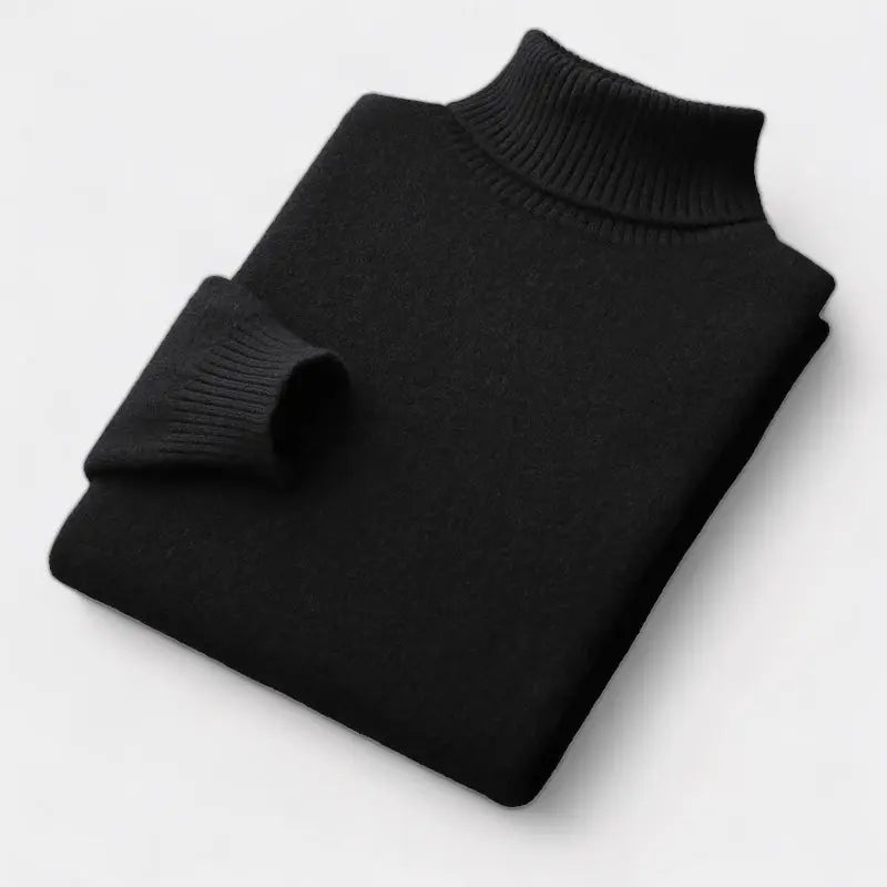 Schwarzer Rollkragenpullover, gefaltet, Ärmel über die Vorderseite gelegt, gerippter Kragen sichtbar 5