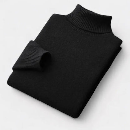 Schwarzer Rollkragenpullover, gefaltet, Ärmel über die Vorderseite gelegt, gerippter Kragen sichtbar 5