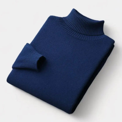 Marineblauer Rollkragenpullover, gefaltet, mit gerippten Ärmelbündchen und hohem Kragen 7