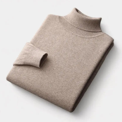 Beigefarbener Rollkragenpullover, gefaltet, mit gerippten Bündchen und weicher Wollstruktur 8