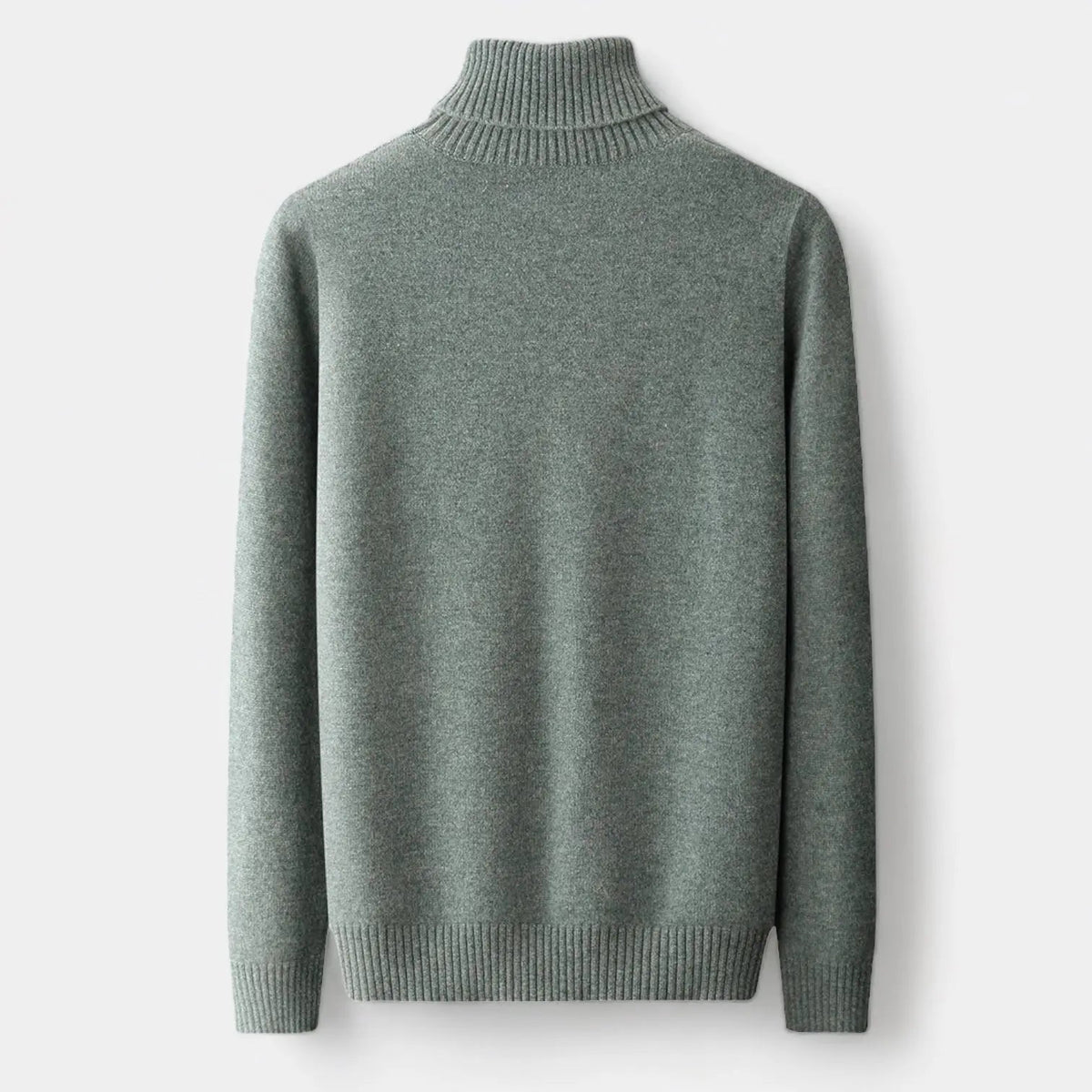 Rückseite des graugrünen Rollkragenpullovers mit gerippten Bündchen und glatter Strickfläche 2