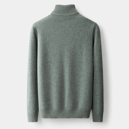 Rückseite des graugrünen Rollkragenpullovers mit gerippten Bündchen und glatter Strickfläche 2