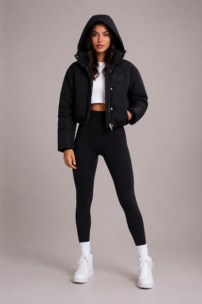 Schwarze Steppjacke mit Kapuze, Detail, getragen zu Leggings und weißen Sneakern, 3