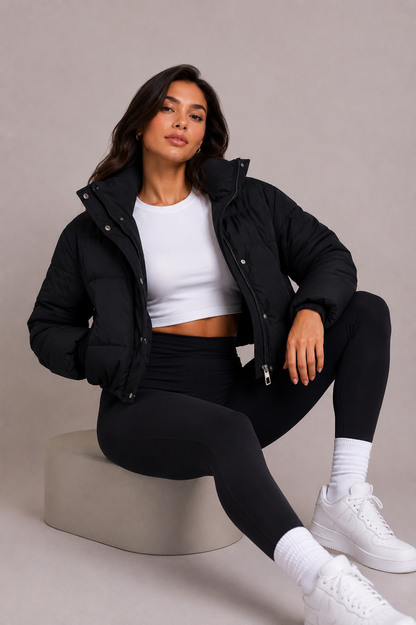 Schwarze kurze Steppjacke offen getragen, sitzend zu weißem Top, schwarzer Leggings und weißen Sneakern, 6