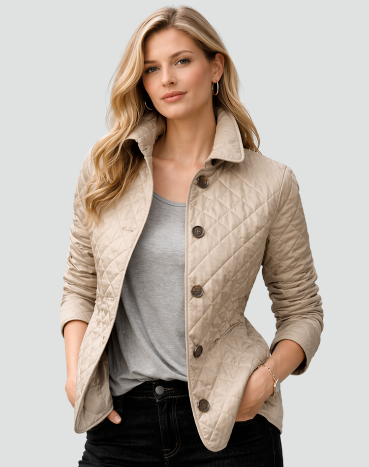 Beige Steppjacke mit braunen Knöpfen und Rautensteppung