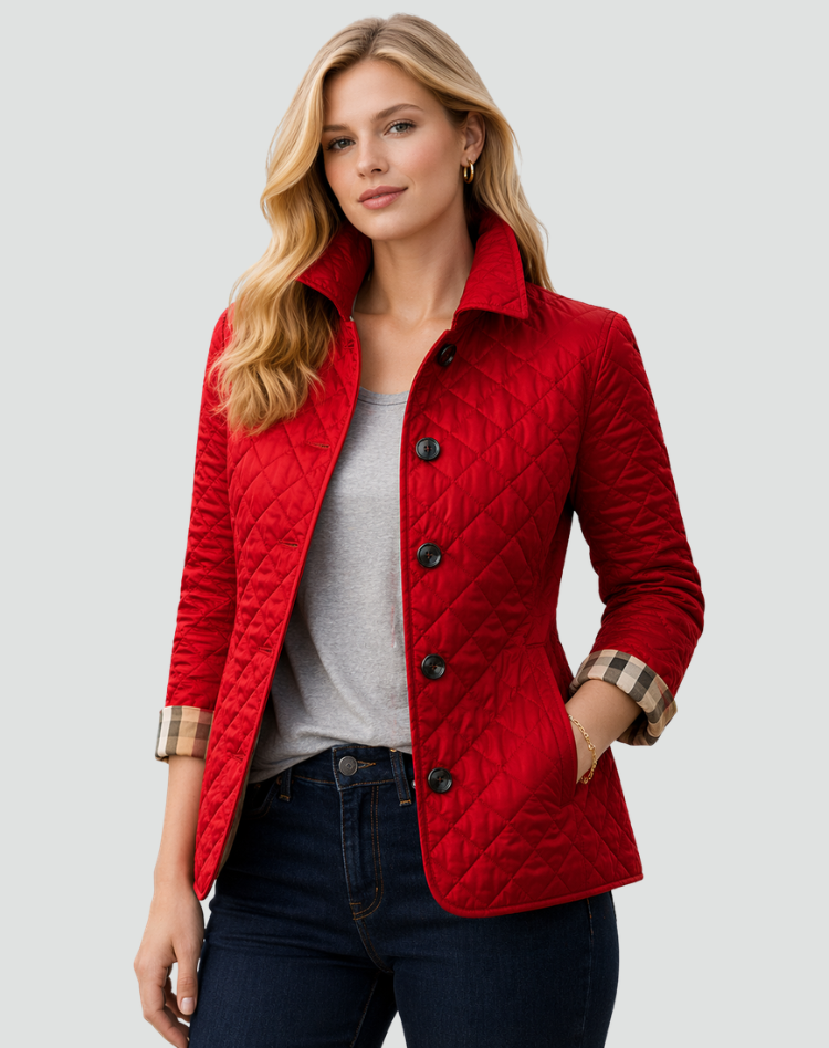 Rote Steppjacke mit schwarzen Knöpfen und Rautensteppung