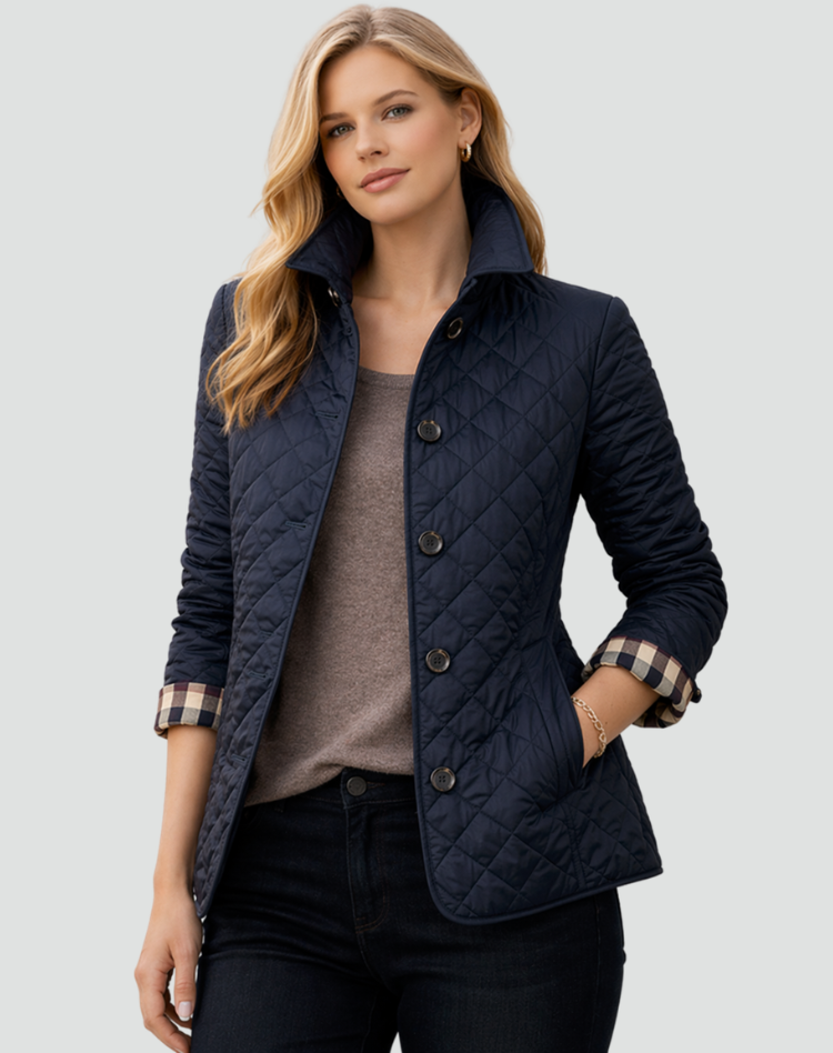 Marineblaue Steppjacke mit aufgestelltem Kragen und Rautensteppung