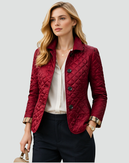 Weinrote Steppjacke mit Knopfleiste und Rautensteppung