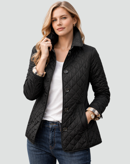 Schwarze Steppjacke mit Knopfleiste und Rautensteppung
