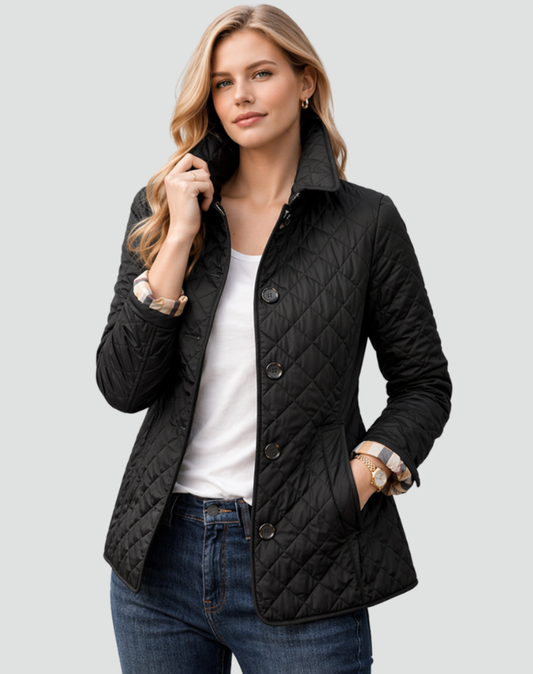Schwarze Steppjacke mit Knopfleiste und Rautensteppung
