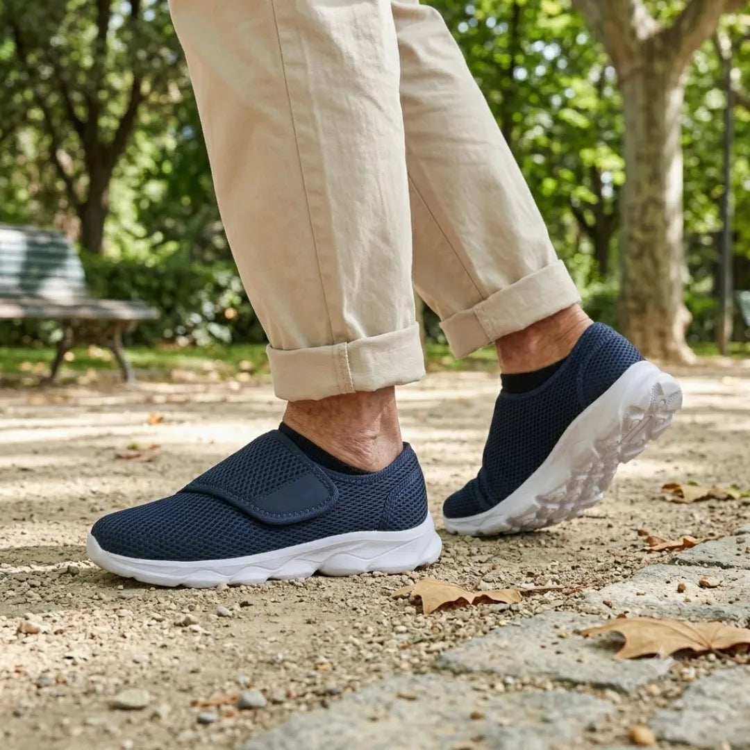 Person in beigen Hosen geht in marineblauen Netz-Schuhen mit Klettband und weißer Sohle einen Parkweg entlang. 2