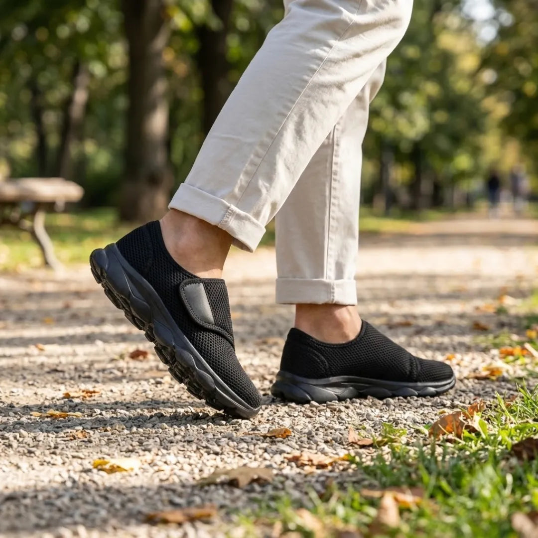 Person in hellen Hosen geht in schwarzen Netz-Schuhen mit Klettband und schwarzer Sohle über einen Kiesweg im Park. 11