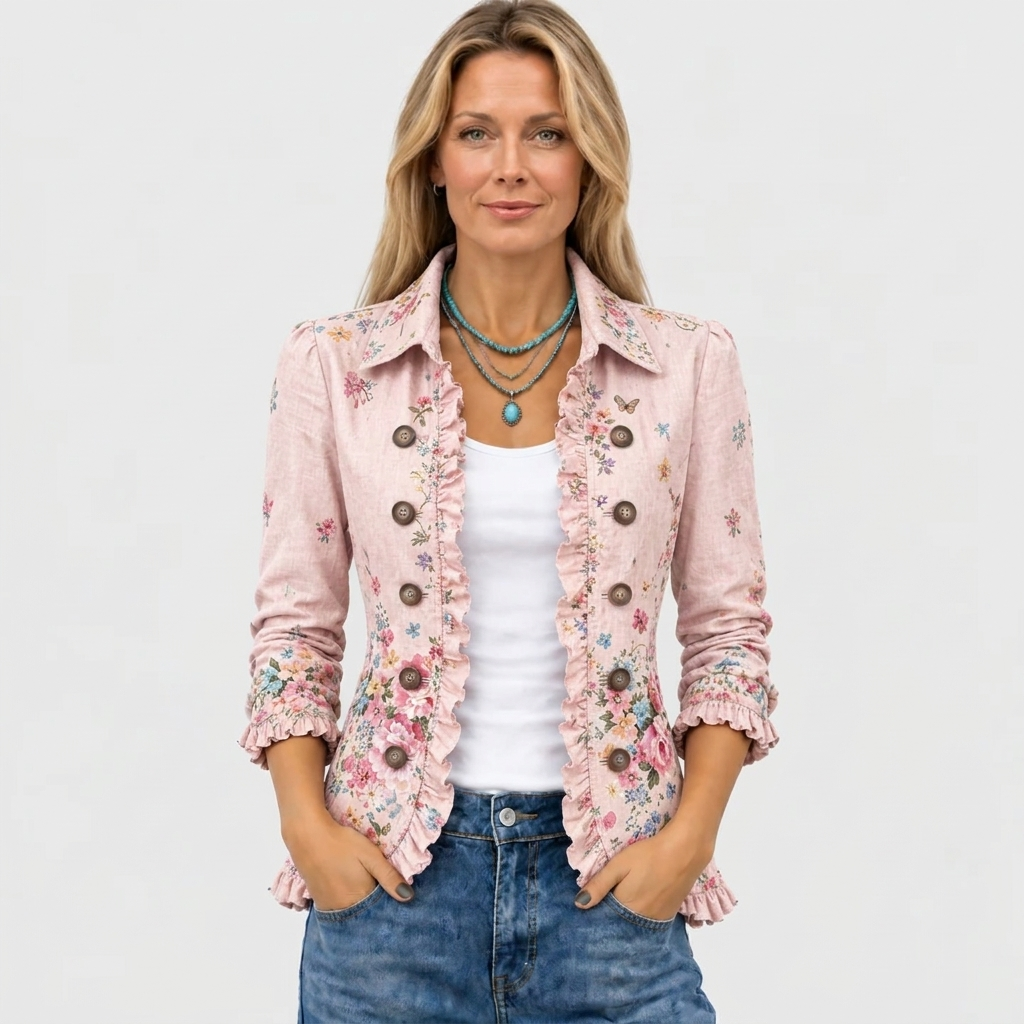 Frontansicht der offen getragenen rosa Jacke mit Blumenmuster, Rüschen und Knöpfen, von einem Model mit weißem Top und Jeans getragen. 2