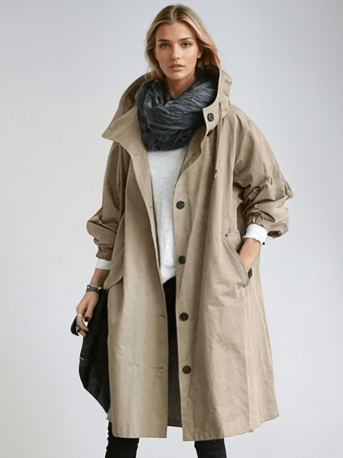 Frontansicht in Beige: Das Model trägt den weit geschnittenen Mantel mit hochgestelltem Kragen und Kapuze über weißem Shirt, mit grauem Schal. 3