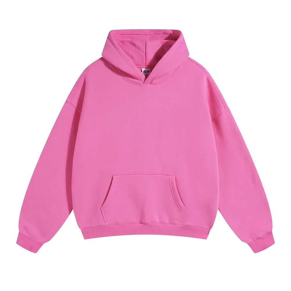 Lockerer Herren-Kapuzenpullover in Pink mit Kängurutasche, Kapuze und Rippbündchen, Frontansicht.