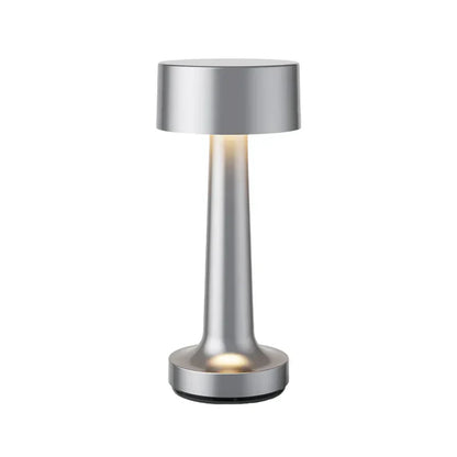 Silberne zylindrische Tischlampe für Restaurants, modernes Design, LED-Beleuchtung.