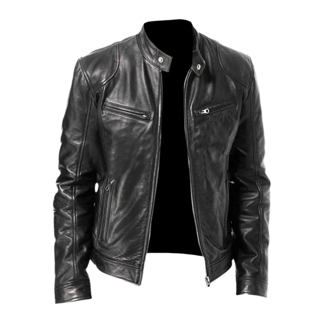 Schwarze Herren-Lederjacke mit Stehkragen und schrägen Brusttaschen mit Reißverschluss, offen, Vorderansicht