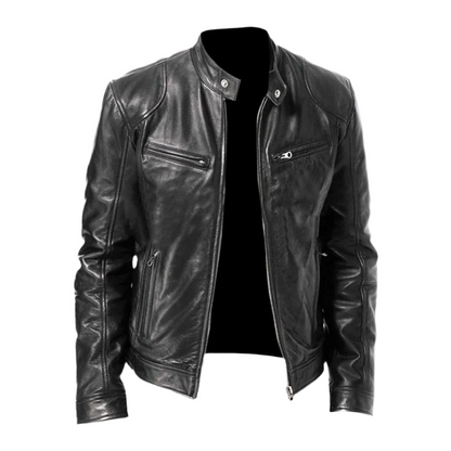 Schwarze Herren-Lederjacke mit Stehkragen und schrägen Brusttaschen mit Reißverschluss, offen, Vorderansicht
