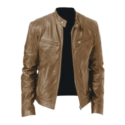 Hellbraune Herren-Lederjacke mit Stehkragen und Reißverschlusstaschen, offen, Vorderansicht