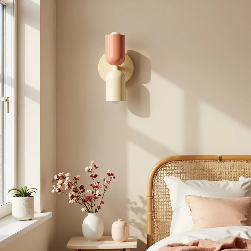 Wandlampe in Lachsrosa und Creme in sonnigem Schlafzimmer neben Rattan-Kopfteil, mit Blumenvase und Schatten an der Wand. 2