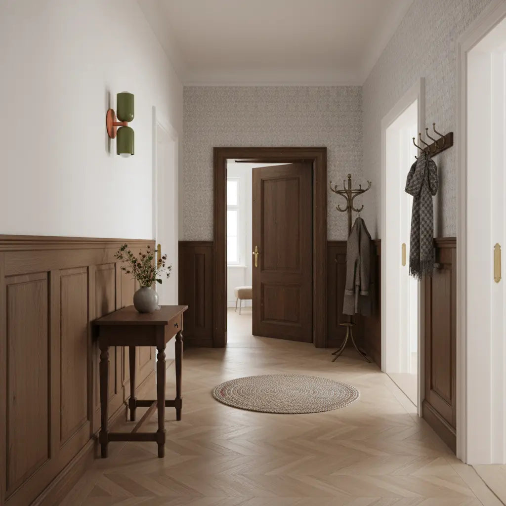 Wandlampe in Olivgrün mit orangefarbenem Arm in einem Flur mit Holzvertäfelung, Konsole, Garderobe und Fischgrätparkett. 7