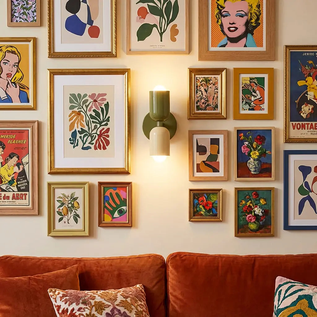 Wandlampe in Olivgrün und Creme inmitten einer dichten Galerie gerahmter Poster über einem orangefarbenen Samtsofa mit Kissen. 6