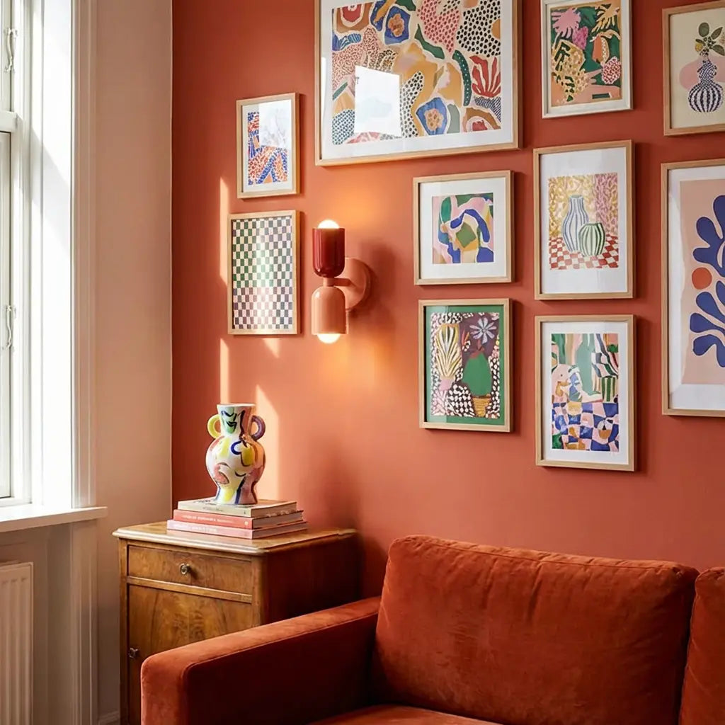 Wandlampe in Dunkelrot und Lachsrosa zwischen bunt gerahmten Kunstdrucken an orangeroter Wand über Holzschrank, Vase und Samtsofa. 5