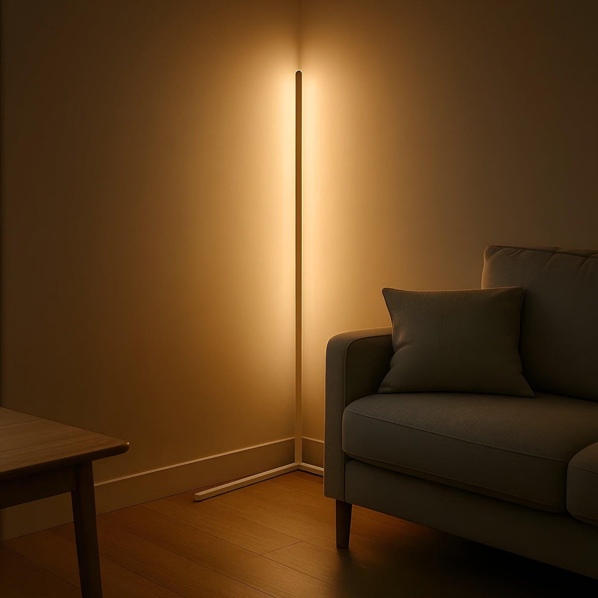 Weiße LED-Eck-Stehlampe in schwach beleuchtetem Raum strahlt warmes Licht an die Wände, daneben ein graues Sofa mit Kissen. 6