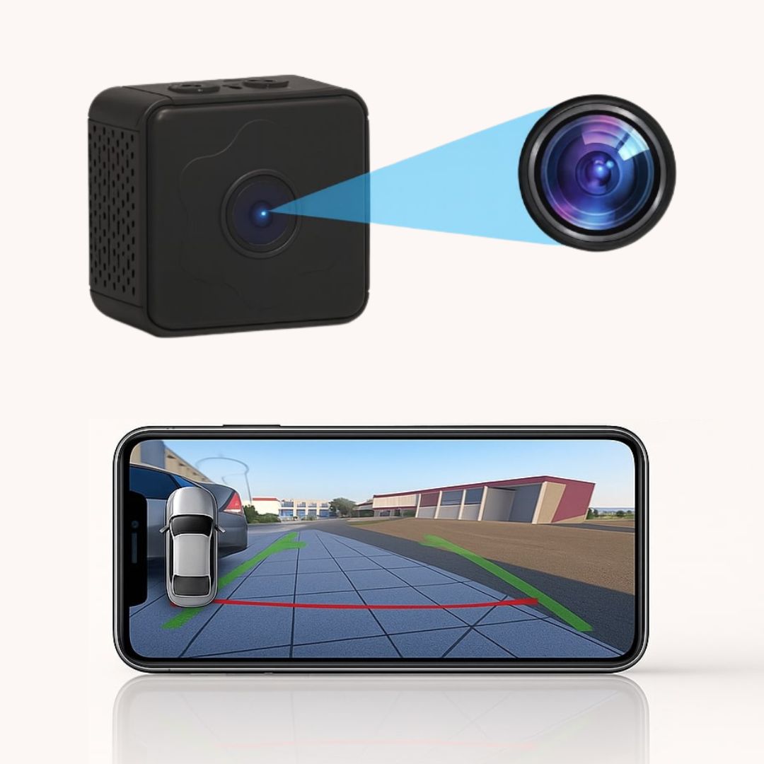 Schwarze Rückfahrkamera mit Smartphone und Rückfahrbild in Detail