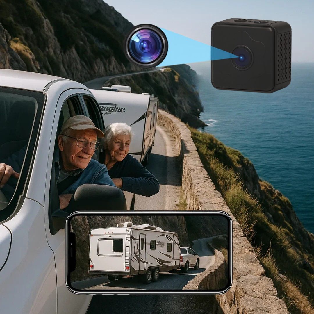 Kabellose magnetische Rückfahrkamera in Schwarz mit Smartphone und Wohnwagen im Auto