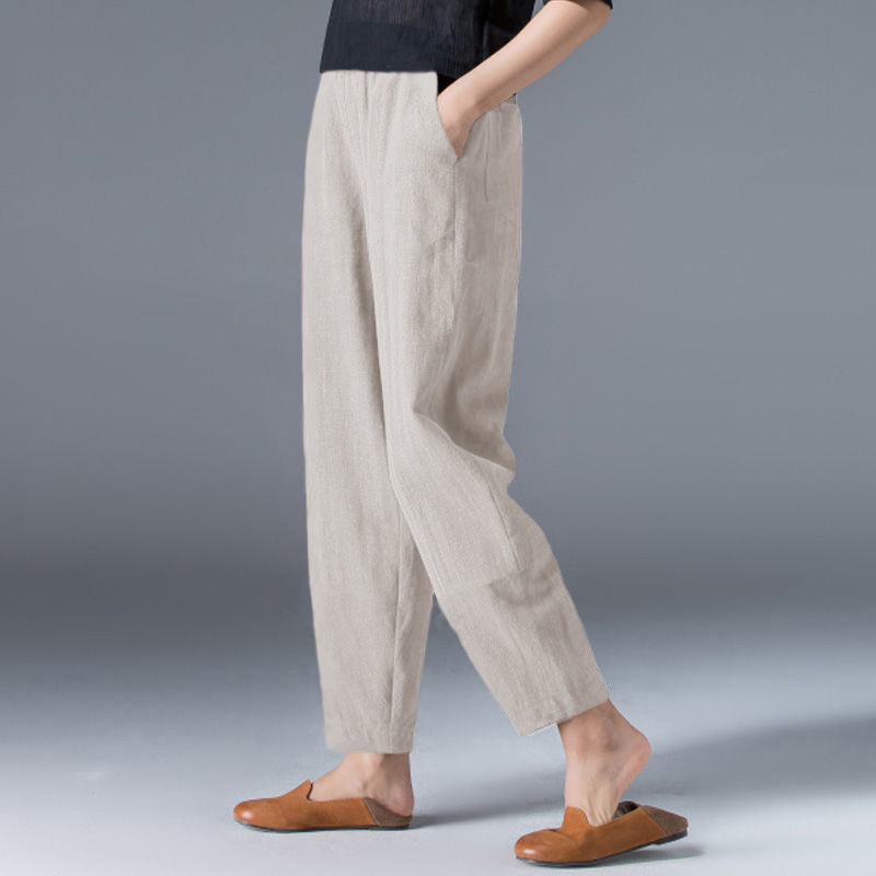 Damen Herbsthose aus Leinen-Baumwollmix mit elastischem Bund – Clara