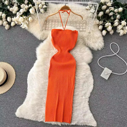 Trendy rückenfreies Maxi-Strickkleid mit Seitenschlitz für Damen (Einheitsgröße) – Liora