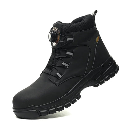 Schwarzer Knöchelhoher Arbeitsstiefel mit Drehverschluss, reflektierenden Schlaufen und grobem Profil, Seitenansicht auf 1