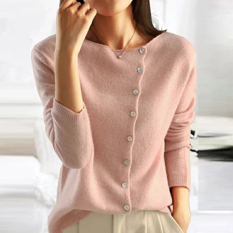 Damenpullover rosa, Kaschmir, Knopfleiste, elegant, langärmelig, Herbstmode, Damenbekleidung.