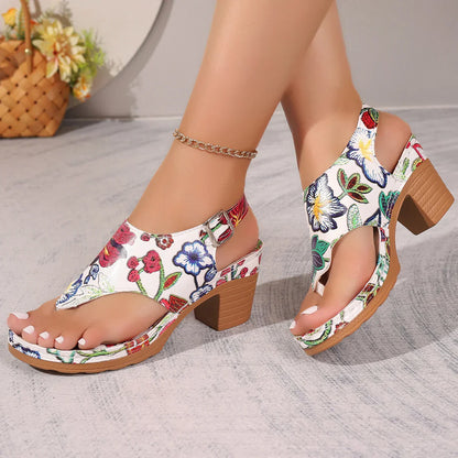 Bunte Damen Sandalen mit Blumenmuster und Blockabsatz – Yasmina