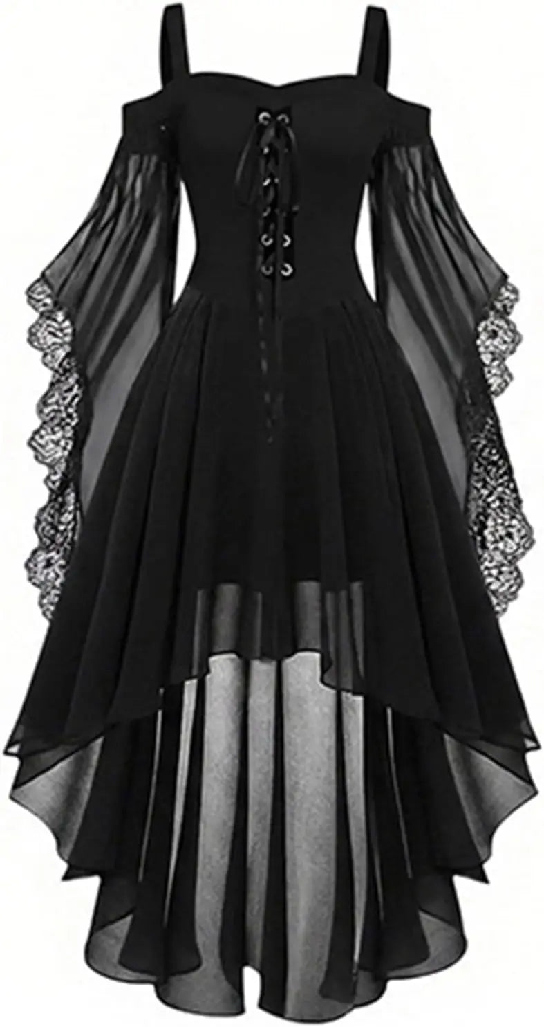 Schwarzes Kleid mit Schnürung vorne, transparenten Trompetenärmeln und asymmetrischem Chiffonrock von vorne, freigestellt 2