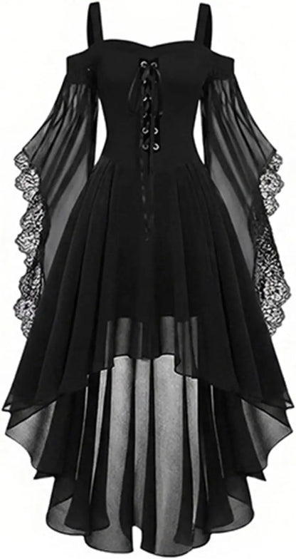 Schwarzes Kleid mit Schnürung vorne, transparenten Trompetenärmeln und asymmetrischem Chiffonrock von vorne, freigestellt 2