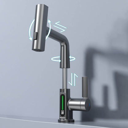 Moderner Edelstahl-Wasserhahn mit digitaler Temperaturanzeige und schwenkbarem Auslauf.