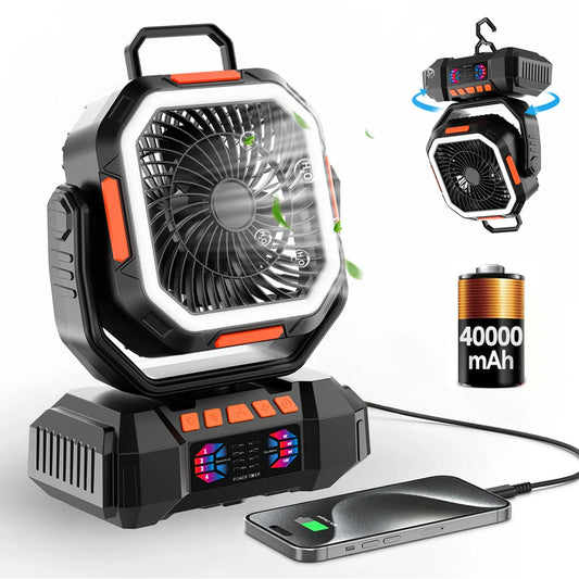Wiederaufladbarer Campingventilator mit 40000mAh Batterie und LED-Lampe – F22