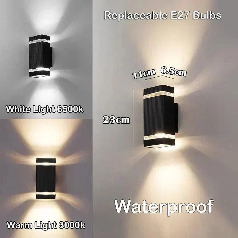 Schwarze Außen-LED-Wandlampe mit Maßangaben, E27-Leuchtmittel und Lichtfarben in einer Detailansicht.