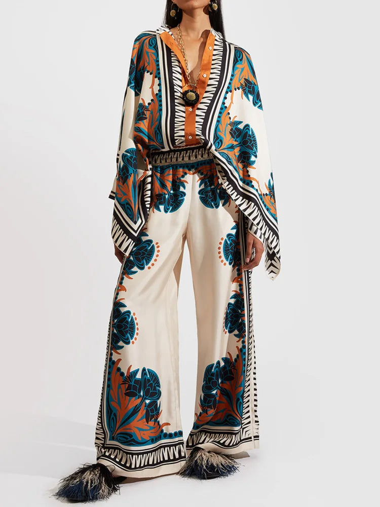 Zweiteiliges Damen Leinen Streetwear-Set Mit Ethno-Print – Samira Herbstedition