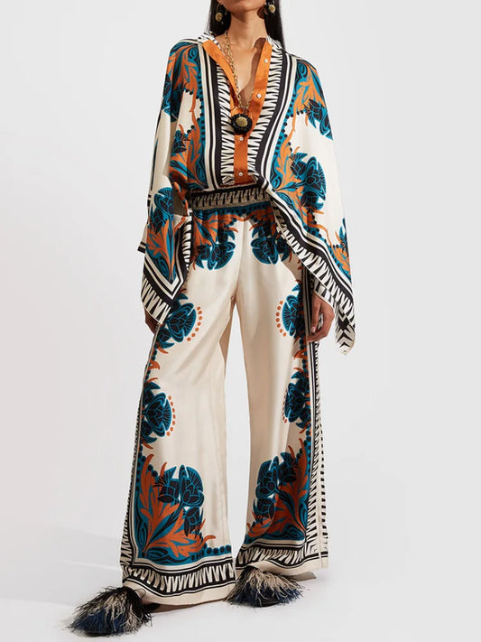 Zweiteiliges Damen Leinen Streetwear-Set Mit Ethno-Print – Samira Herbstedition