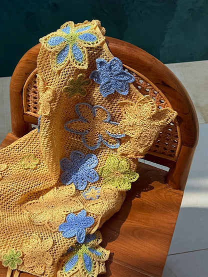 Gelbes gehäkeltes Sommer-Minikleid mit Blumenstickerei für Damen – Nari