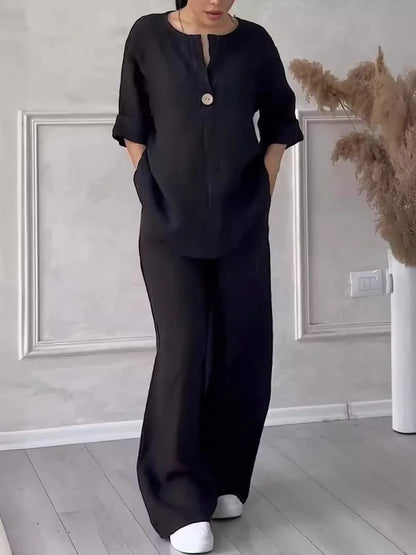Herbstliches & Stilvolles Set mit Bluse & Weithose aus Leinen – Melina