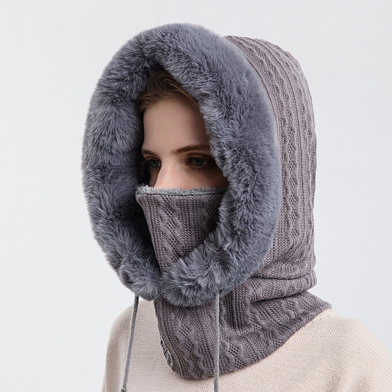 Damen Winter Kapuzen-Schal, grau, gestrickt, warm, modisch, weiches Kunstfell, Gesichtsschutz.