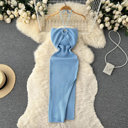Trendy rückenfreies Maxi-Strickkleid mit Seitenschlitz für Damen (Einheitsgröße) – Liora