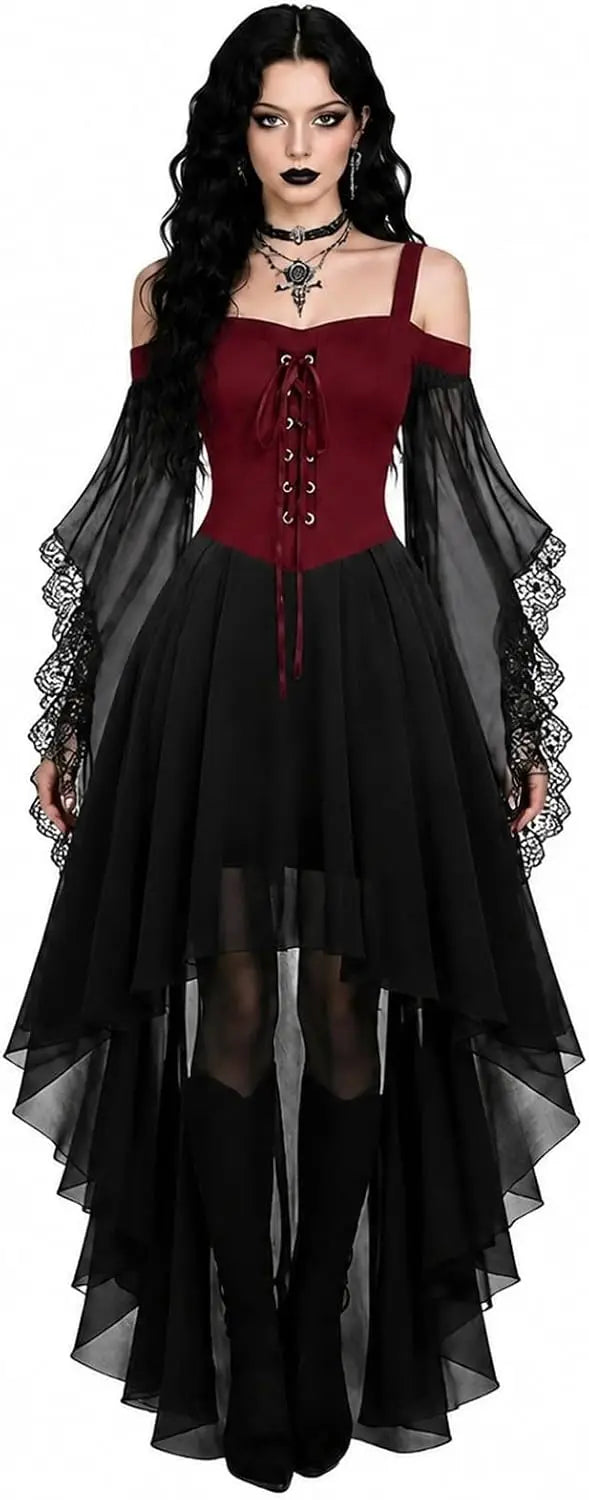 Model im Kleid mit weinrotem Schnürkorsett-Oberteil, schwarzem asymmetrischem Rock und Spitzenärmeln 7