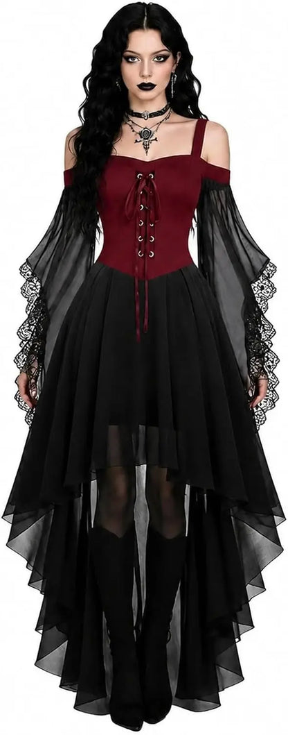 Model im Kleid mit weinrotem Schnürkorsett-Oberteil, schwarzem asymmetrischem Rock und Spitzenärmeln 7
