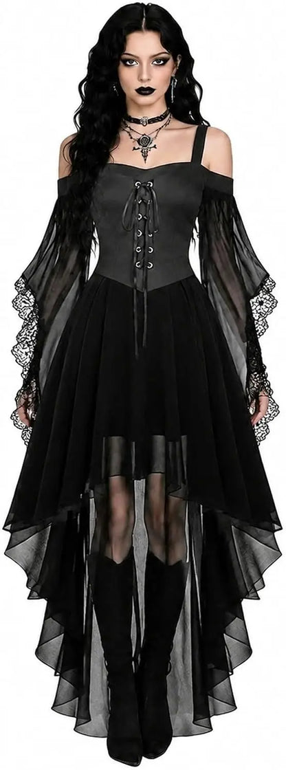 Model im ganz schwarzen Kleid mit Schnürung, transparenten Ärmeln mit Spitze und asymmetrischem Rock 8